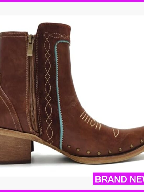 Western Fringe Ankle Boots Studded Turquoise Stones Block Heel Cowgirl Chic - Picture 5 of 7